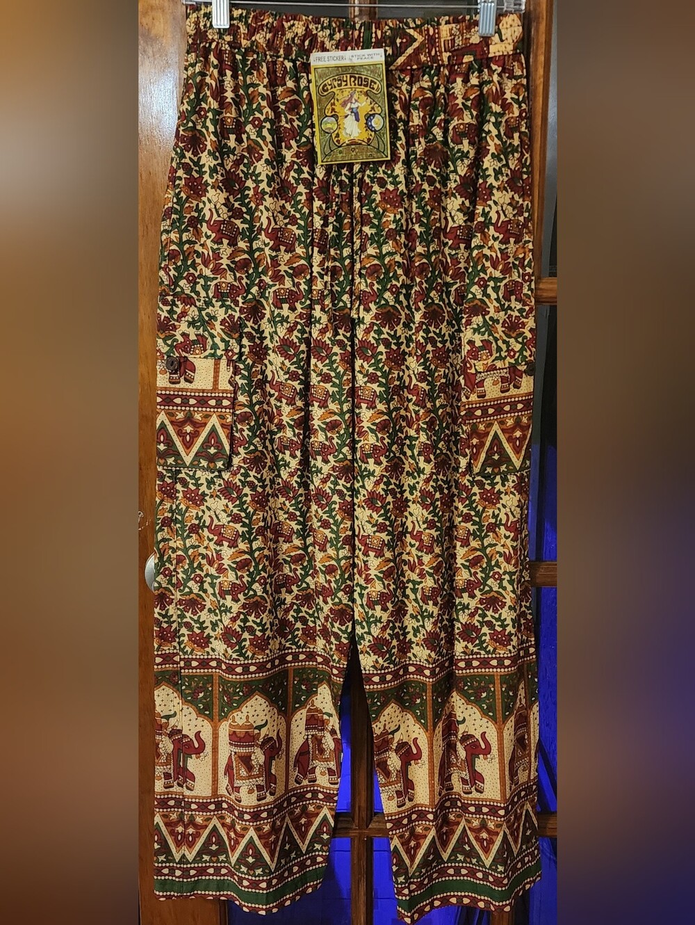 Bohemian Elephant Border PANTS in Cream, Burgundy & Green